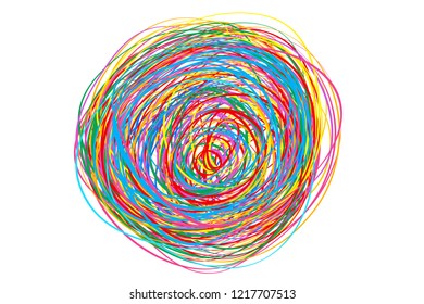 Colorful tangled on white. Chaos pattern. Scribble sketch. Bright background with array of lines. Intricate chaotic texture. Art creation. Print for polygraphy, posters and t-shirts