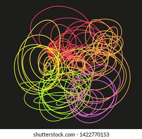 Colorful tangled shape on black. Chaos pattern. Scribble sketch. Bright background with array of lines. Intricate chaotic texture. Print for polygraphy, posters and t-shirts