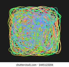 Colorful tangled shape on black. Chaos pattern. Scribble sketch. Bright background with array of lines. Intricate chaotic texture. Print for your design