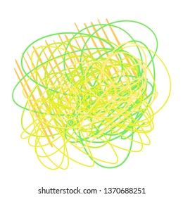 Colorful tangled shape on white. Chaos pattern. Scribble sketch. Bright background with array of lines. Art creation. Print for polygraphy, posters and t-shirts