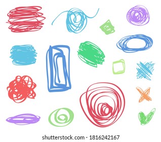 Colorful tangled shape on white. Colored chaos patterns. Scribble sketches