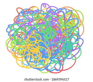 Colorful tangled shape on white. Colored chaotic pattern. Scribble sketch. Bright background with array of lines