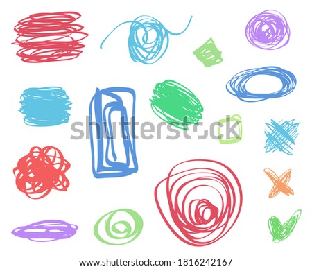 Colorful tangled shape on white. Colored chaos patterns. Scribble sketches