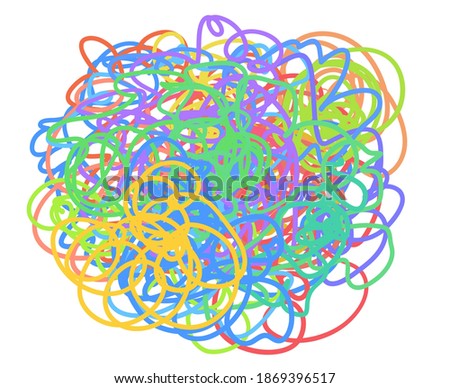 Colorful tangled shape on white. Colored chaotic pattern. Scribble sketch. Bright background with array of lines