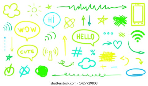 Colorful tangled signs and shapes on white. Chaos patterns. Bright symbols with array of lines. Line art creation. Clip art for design