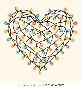 Colorful tangled string lights forming a vibrant heart shape, symbolizing love and festivity Vector illustration