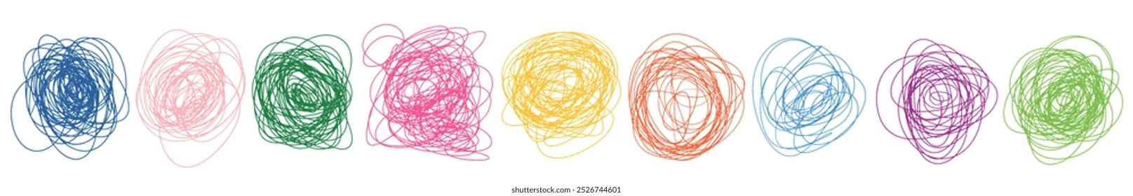 Formas coloridas emaranhadas de rabiscos vetoriais, rabiscos caóticos confusos de rabiscos para designs de crianças e gráficos escolares