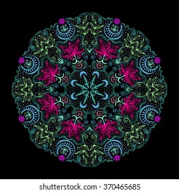 Colorful tantric mandala at black background. Hand drawn zen art with lotuses, moons and plants. Vintage element for decor and t-shirt fashion design. Spirituality and magic concept. Vector is EPS8.