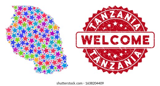 Colorful Tanzania map mosaic of stars, and grunge round red WELCOME stamp. Abstract territory plan in colorful color tinges. Vector Tanzania map is constructed of color stars. Designed for political,