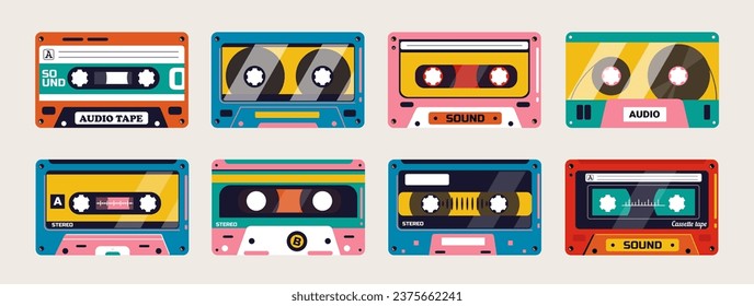 Colorful tape cassette. Vintage analog audio tape with magnetic label, retro 80s cassette with stereo sound. Vector collection of old audio stereo illustration