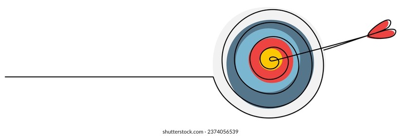 Destino colorido con dibujo continuo de flecha. Símbolo de objetivo lineal dibujado a mano. Ilustración vectorial aislada en blanco.	