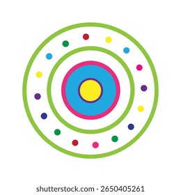 A colorful target-like circular design with concentric rings and surrounding dotted accents in multiple colors. Symmetrical and decorative.