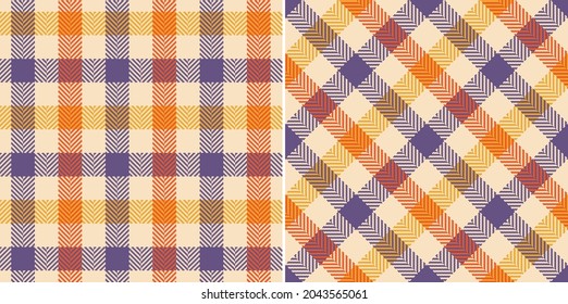 Patrón de plante de corte tartán colorido para otoño en morado, naranja, amarillo, beige. Hueso de arenque multicolor sin foco de tela de gingham para vestido, camisa, bufanda, falda, otra huella textil moderna.