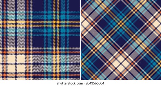 Colorful tartan check plaid pattern in navy blue, orange, yellow, beige. Seamless herringbone large bright multicolored plaid set for flannel shirt, blanket, duvet cover, other autumn winter textile.