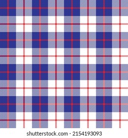 Farbiges Tartan-Muster. Blauer, roter und weißer Fliesenmuster für Stoff- und Textildesign.