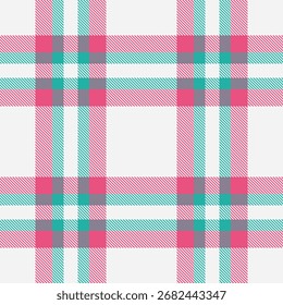 Patrón de cuadros de tartán colorido. Diseño textil con líneas rosas, azules y grises sobre blanco. Ideal para moda, fondos, papel de regalo o proyectos gráficos.