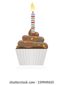 colorful tasty chocolate cupcake with lit candle 