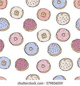 Colorful tasty cute donuts seamless pattern in pastel colors.