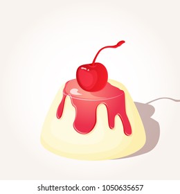 Colorful tasty dessert panna cotta with maraschino cherry in cartoon style isolated on white background. Vector illustration. Desserts Collection.