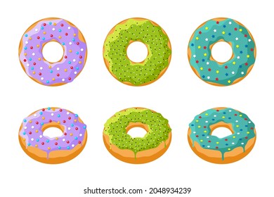 Colorful tasty donut set isolated on white background. Glazed doughnuts top view and 3d collection for cafe decoration or menu design. Sweet baked rings. Vector flat eps illustration