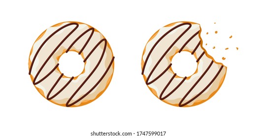 Colorful tasty donut whole and bitten set isolated on white background. White and chocolate strip glazed doughnut top view for cake cafe decoration or bakery menu design. Vector flat eps illustration