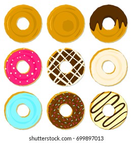 Colorful tasty fried brown donuts with different topping and strewing. Cute delicious sweet vanilla, chocolate dessert food icon for shop, bar and cafe menu design