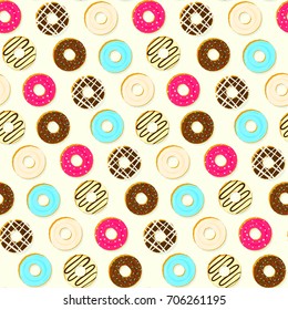Colorful tasty fried topping donuts seamless pattern. Cute delicious bright sweet vanilla, chocolate dessert texture for wrapping paper, textile, cover, background, wallpaper