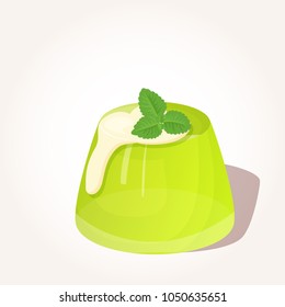 Colorful tasty green jelly with creme and mint in cartoon style isolated on white background. Vector illustration. Desserts Collection.