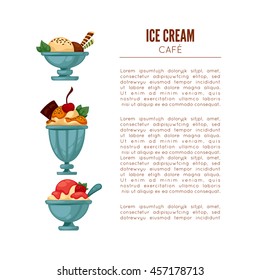 Colorful tasty ice cream. Ice cream cafe poster or menu template. Isolated on white. Vector illustration.