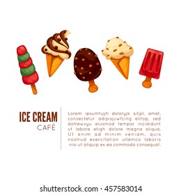 Colorful tasty ice cream. Ice cream cafe poster or menu template. Isolated on white. Vector illustration.