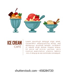 Colorful tasty ice cream. Ice cream cafe poster or menu template. Isolated on white. Vector illustration.