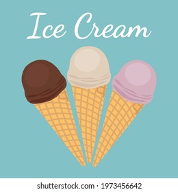 Colorful tasty ice cream cones. Vector illustration.