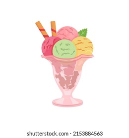 Colorful tasty isolated ice cream. Vector. Summer season fresh and beach food snack or cool down. Milk chocolate and vanilla with fruit or candy. Mint