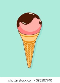 Colorful tasty isolated ice cream at a turquoise background. Crunchy wafer cone filled with a scoop of pink ice cream with chocolate topping. Vector Illustration.