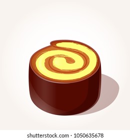 Colorful tasty piece of chocolate roll with lemon cream in cartoon style isolated on white background. Vector illustration. Desserts Collection.