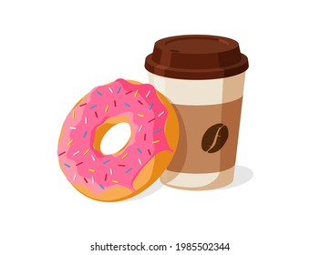 Colorful tasty pink donut and disposable paper coffee cup set. Glazed doughnut with hot beverage vector isolated illustration