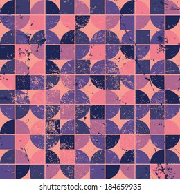 Colorful tattered textile geometric seamless pattern, decorative spherical abstract infinite retro background.