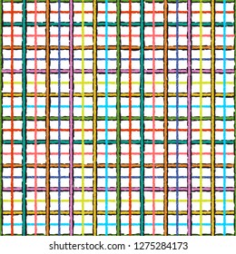 Colorful Tattersall or Windowpane Plaid Background. Seamless Vector Textile Pattern. Hand Drawn Doodle Multicolored Check Repeating Pattern Tile