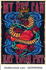 Colorful tattoo authentic poster with rose flowers blue fire lettering and snake in crown entwined around heart vector illustration