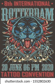 Colorful tattoo convention vintage poster with aggressive black panther head brass knuckles and tattoo machines vector illustration