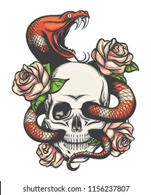 Colorful Tattoo design and skull  roses   snake  Vector illustration 