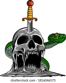 Colorful Tattoo design with skull and snake. vector illustration.