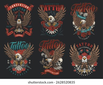 Colorful tattoo designs display eagles surrounded by roses showcasing convention themes from Texas and California. Each design reflects unique artistry with bold illustrations.