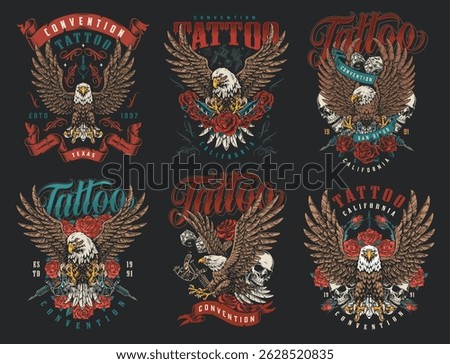 Colorful tattoo designs display eagles surrounded by roses showcasing convention themes from Texas and California. Each design reflects unique artistry with bold illustrations.