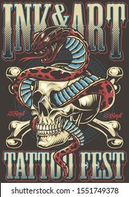 Colorful tattoo festival poster with snake entwined with skull and crossbones in vintage style vector illustration