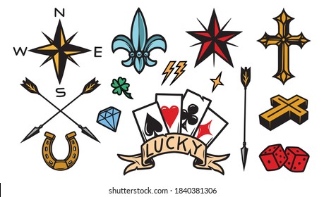 Colorful tattoo icons composition with playing cards arrows horseshoe diamond crosses dice lightnings stars wind rose four leaves clover isolated vector illustration