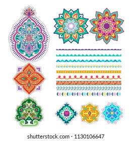 Colorful tattoo mehndi paisley set - elements and borders. Decorative ornament design - indian style.