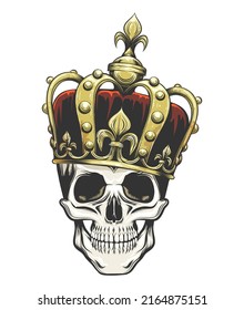 Colorful tattoo of Skull in A King Crown isolated on white. Vector illustration.