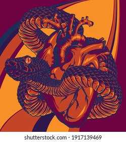 Colorful tattoo snake around heart vector illustration