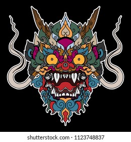 colorful tattoo and sticker for printing.Thai Demon mask and Line Thai style.Hand drawn and doodle art Monkey mask tattoo.